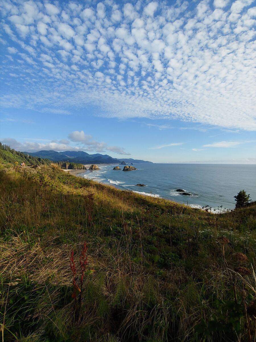 Coastal overlook with beach, sea stacks, and clouds over the Pacific