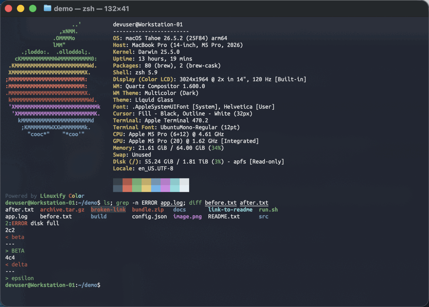 The macOS Terminal after linuxify-color: a fastfetch banner, color-coded ls output, a highlighted grep match, and a red and green diff