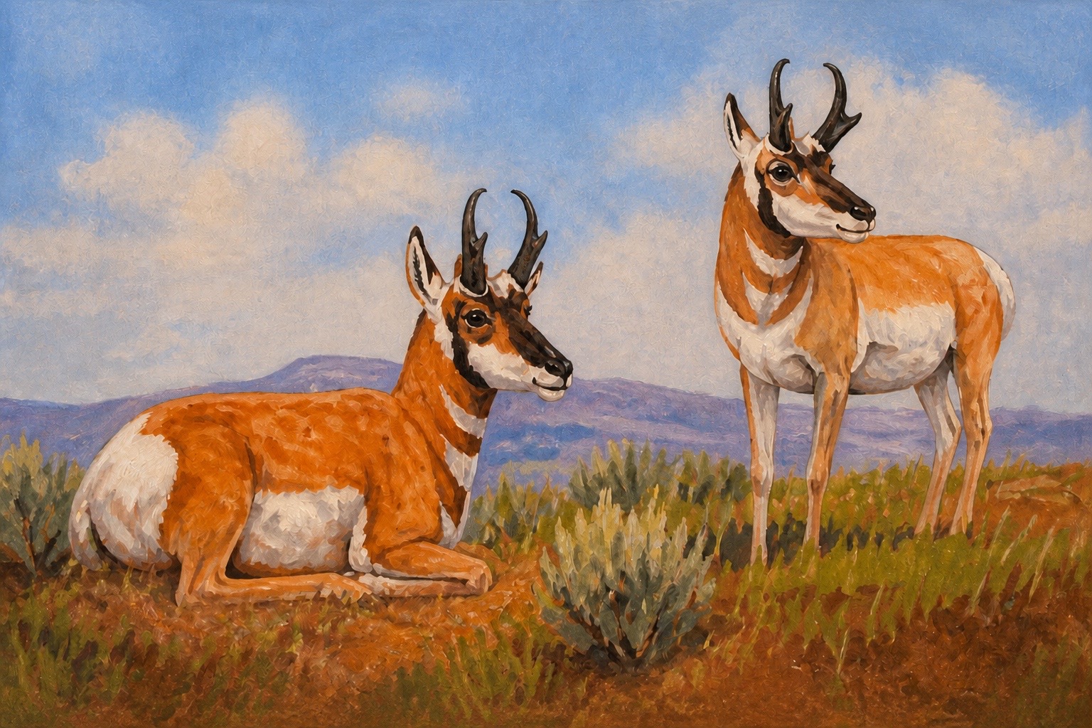 Painting of two pronghorn antelope in sagebrush with blue mountains behind them.