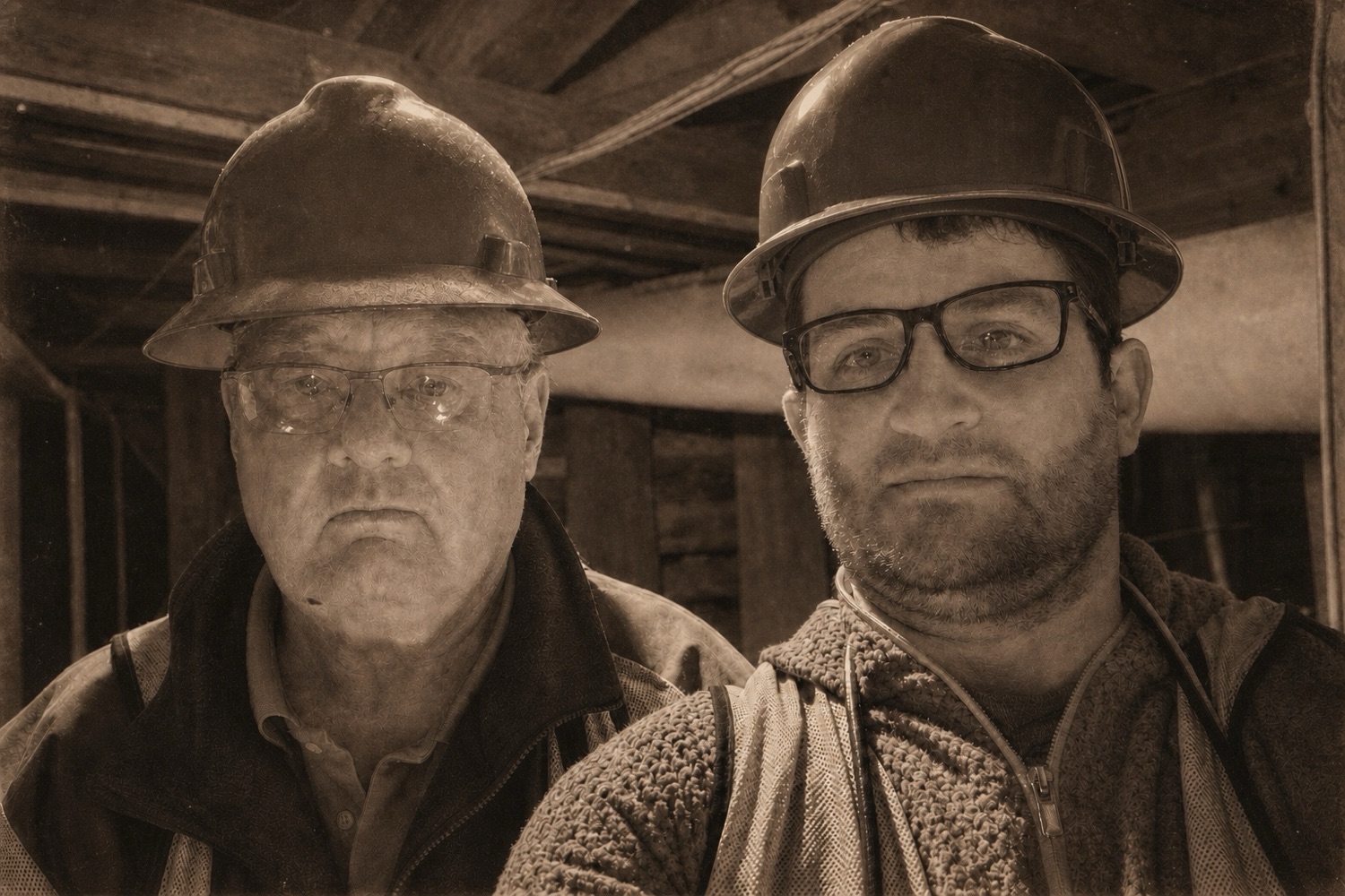 Sepia-toned photograph of Mike and Matt underground in the Queen Mine, both wearing miners' hard hats, looking straight at the camera.