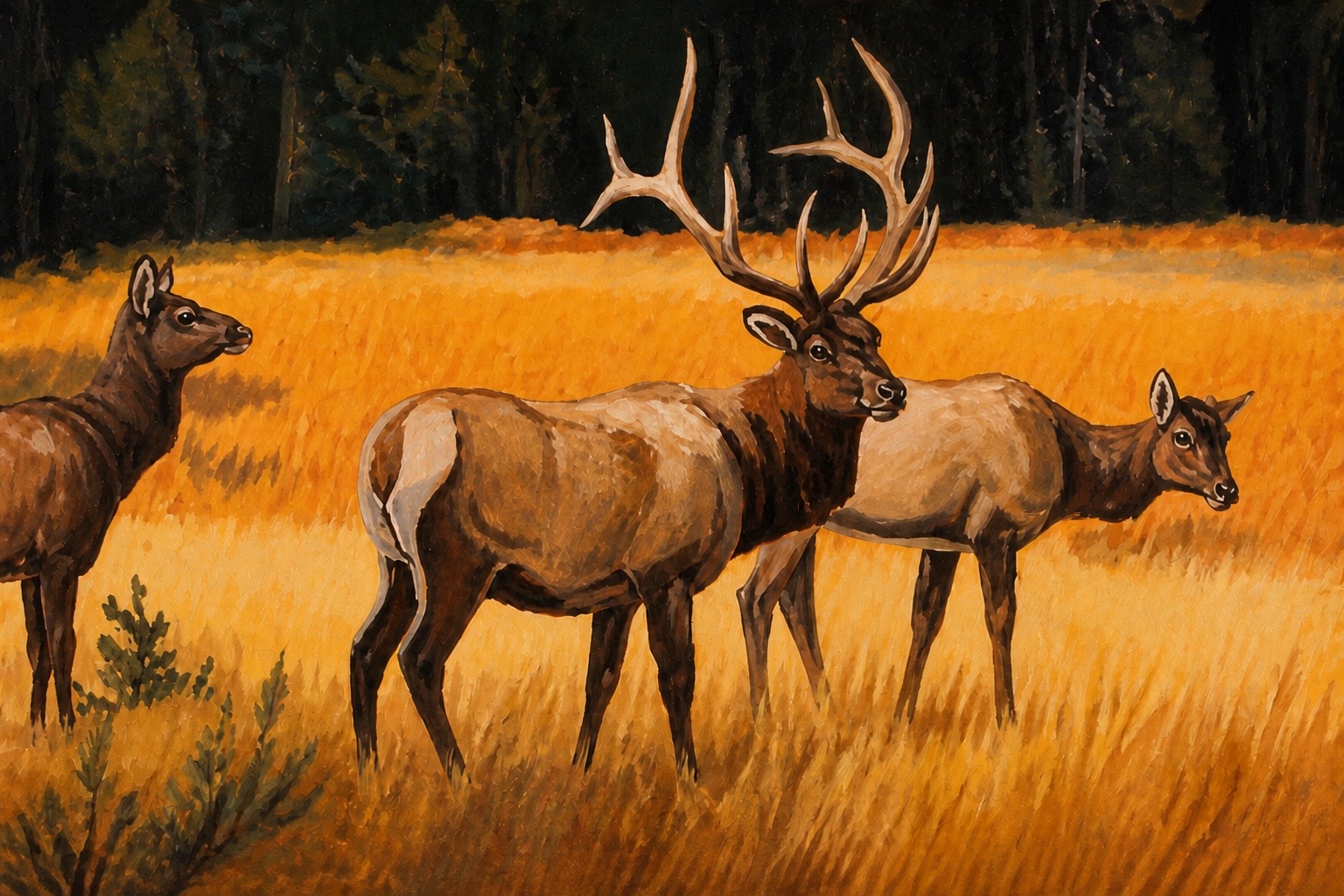 Painting of a bull elk and two cows standing in tall golden grass at the edge of dark timber.