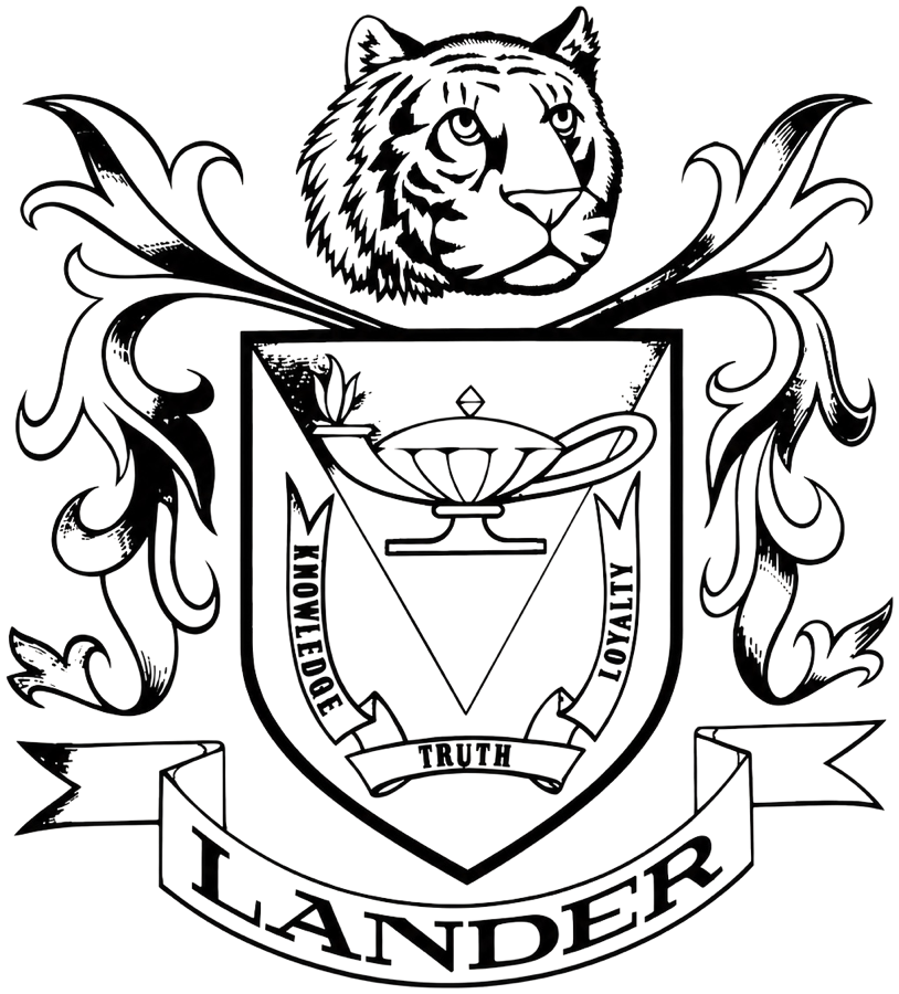 Lander Valley High School crest: a tiger above a shield banded with Knowledge, Truth, and Loyalty.