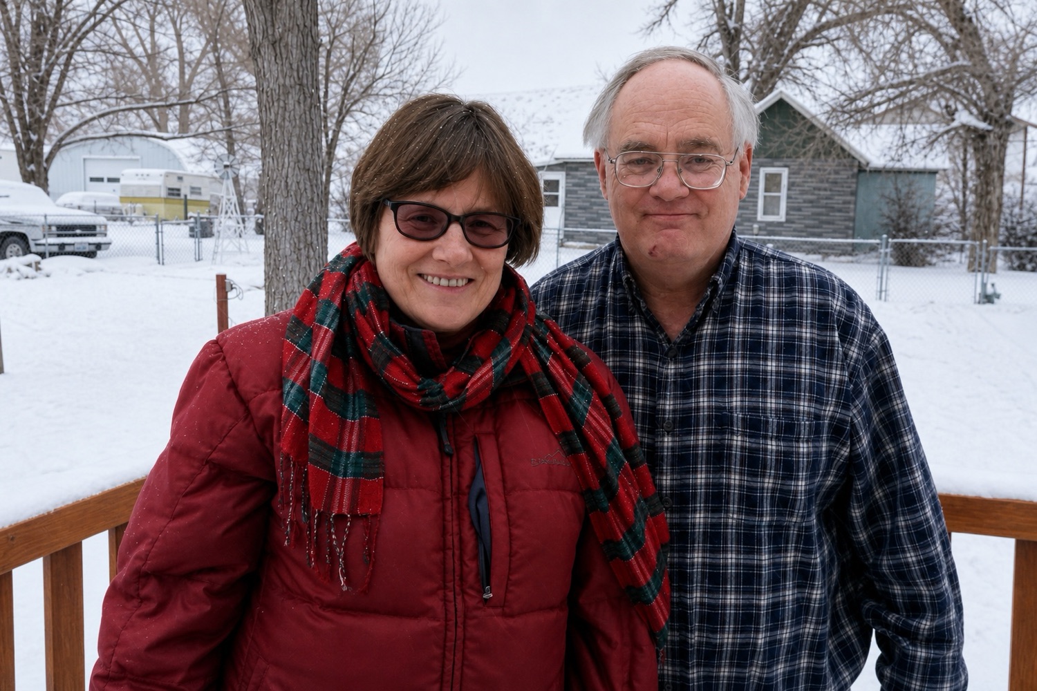 Mike and Saundra standing together on a deck in the snow in Hudson, both smiling at the camera, outbuildings and bare cottonwoods behind them.