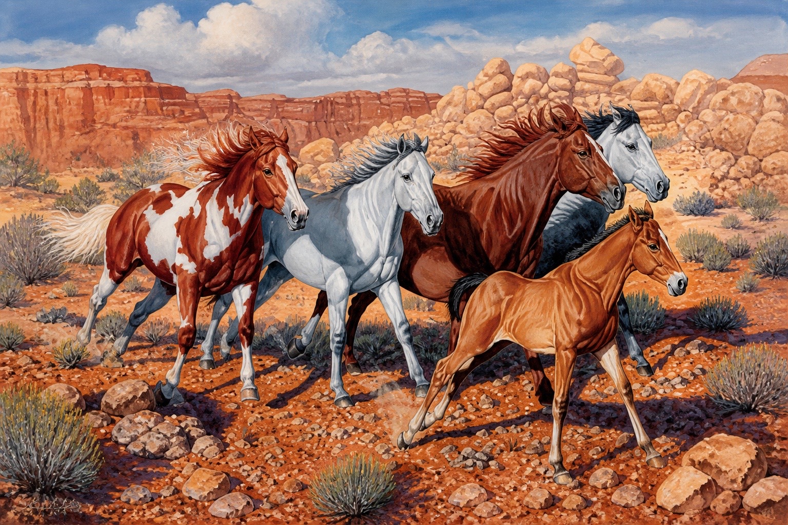 Painting of five horses running across red rock desert country beneath sandstone cliffs.
