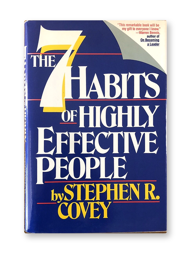 Hardcover of The 7 Habits of Highly Effective People by Stephen R. Covey.